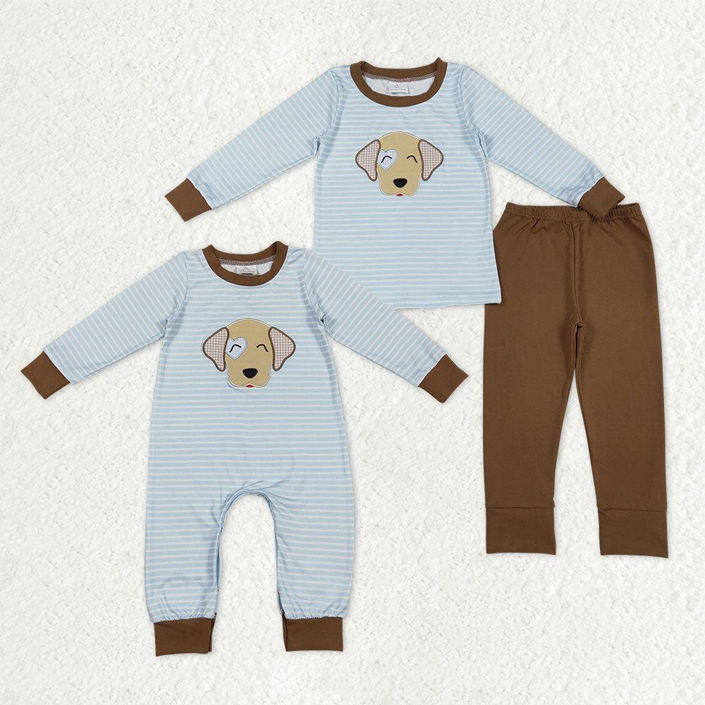 Sibling Baby Boys Kids Embroidery Dog Heart Stripes Valentine's Day Romper Pajamas Set