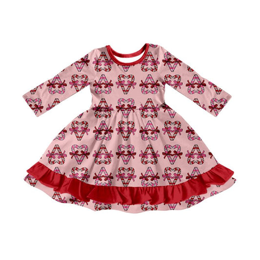 Moq 5 Preorder Baby Girls Kids Long Sleeves Christmas Candy Cane Bows Knee Length Dress