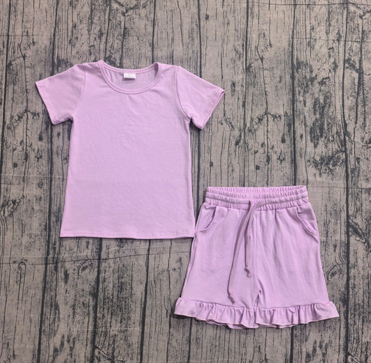 Preorder Baby Girls Short Sleeves Lavender Tops Ruffle Shorts Summer Clothes Set