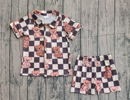 Baby Kids Toddler Short Sleeves Bear Checked Buttons Shirt Shorts Pajamas Set RTS