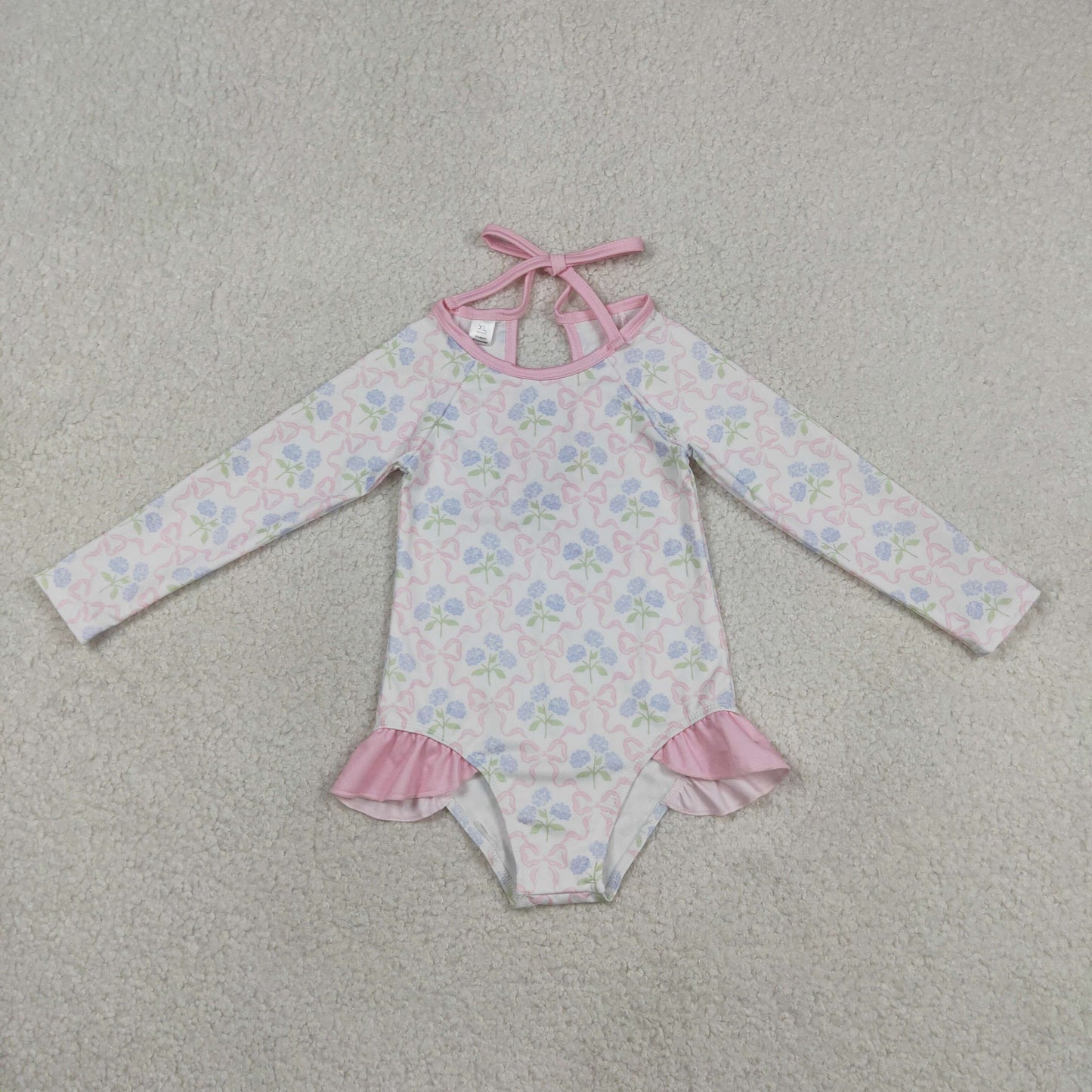 Baby Girls Kids Long Sleeves Bows Flower Pink Ruffle One-piece Swimsuit