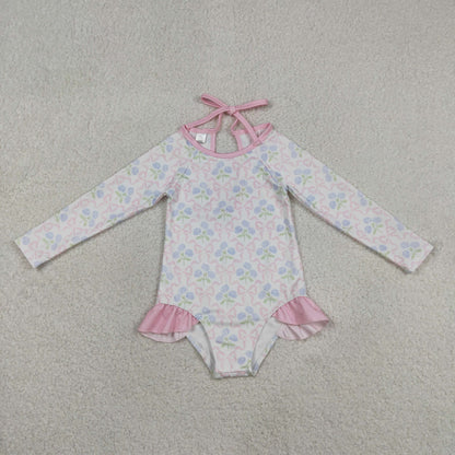 Baby Girls Kids Long Sleeves Bows Flower Pink Ruffle One-piece Swimsuit
