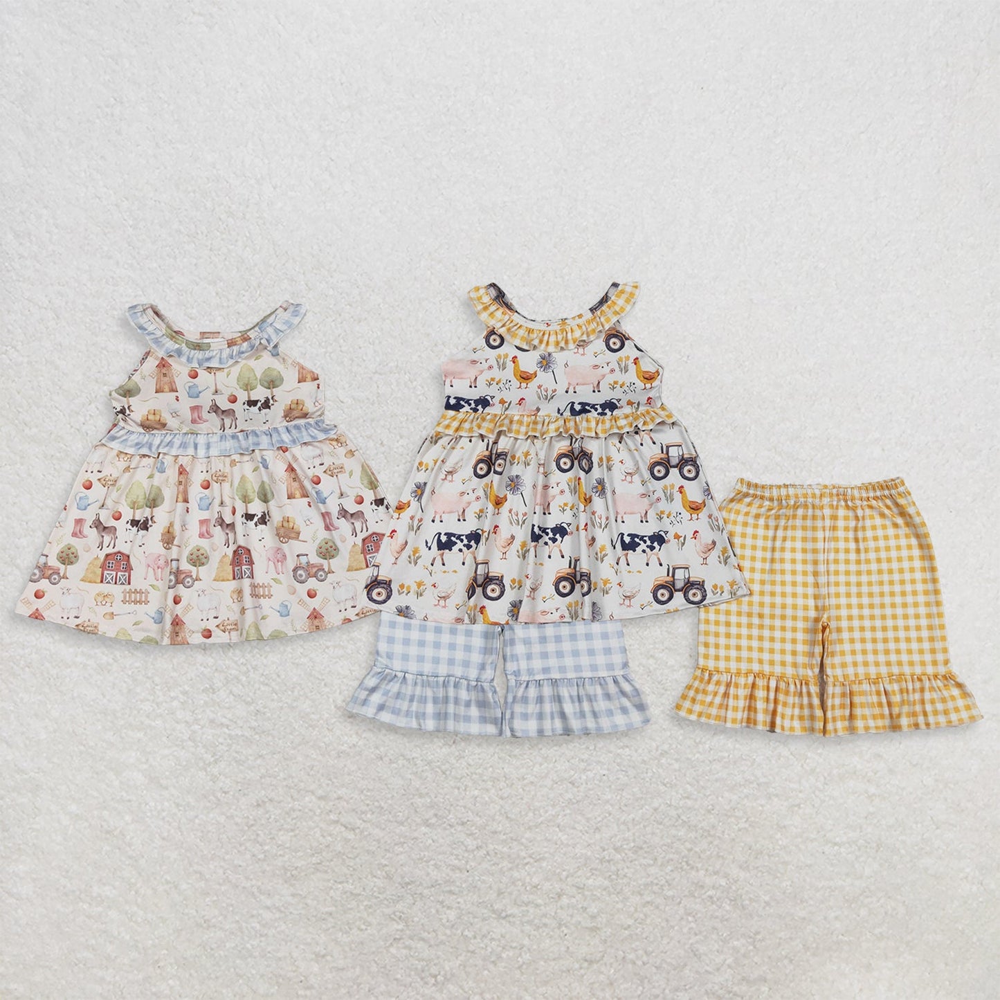 Sibling Baby Girls Kids Farm Animals Flower Ruffle Tops Plaid Shorts Summer Clothes Sets