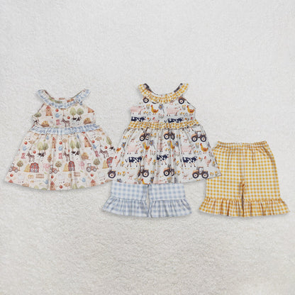 Sibling Baby Girls Kids Farm Animals Flower Ruffle Tops Plaid Shorts Summer Clothes Sets