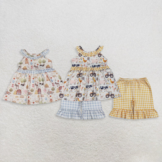 Sibling Baby Girls Kids Farm Animals Flower Ruffle Tops Plaid Shorts Summer Clothes Sets