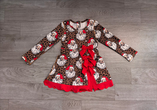 No moq Preorder Baby Girls Kids Long Sleeves Christmas Santa Leopard Bows Scallop Dress Yoga Active Clothes
