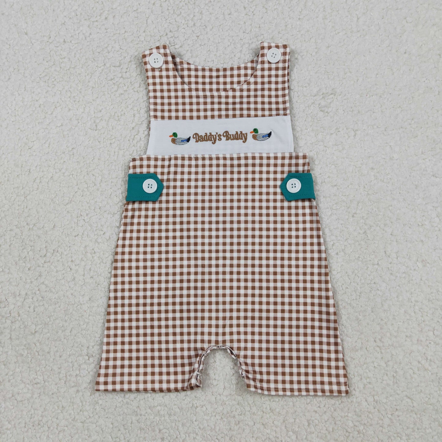 RTS Baby Boys Sleeveless Embroidery Ducks Daddy Buddy Plaid Romper