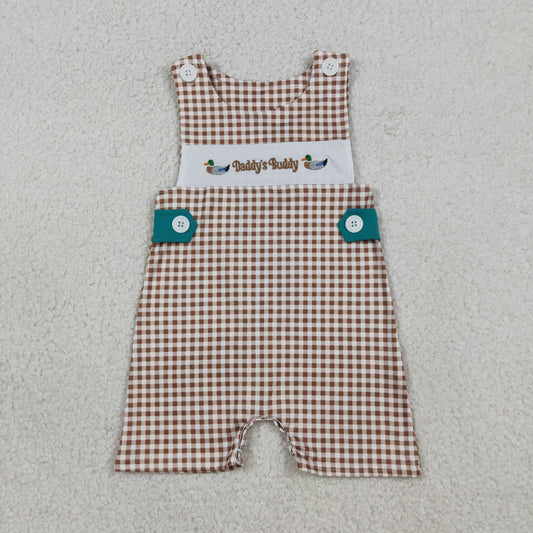 RTS Baby Boys Sleeveless Embroidery Ducks Daddy Buddy Plaid Romper