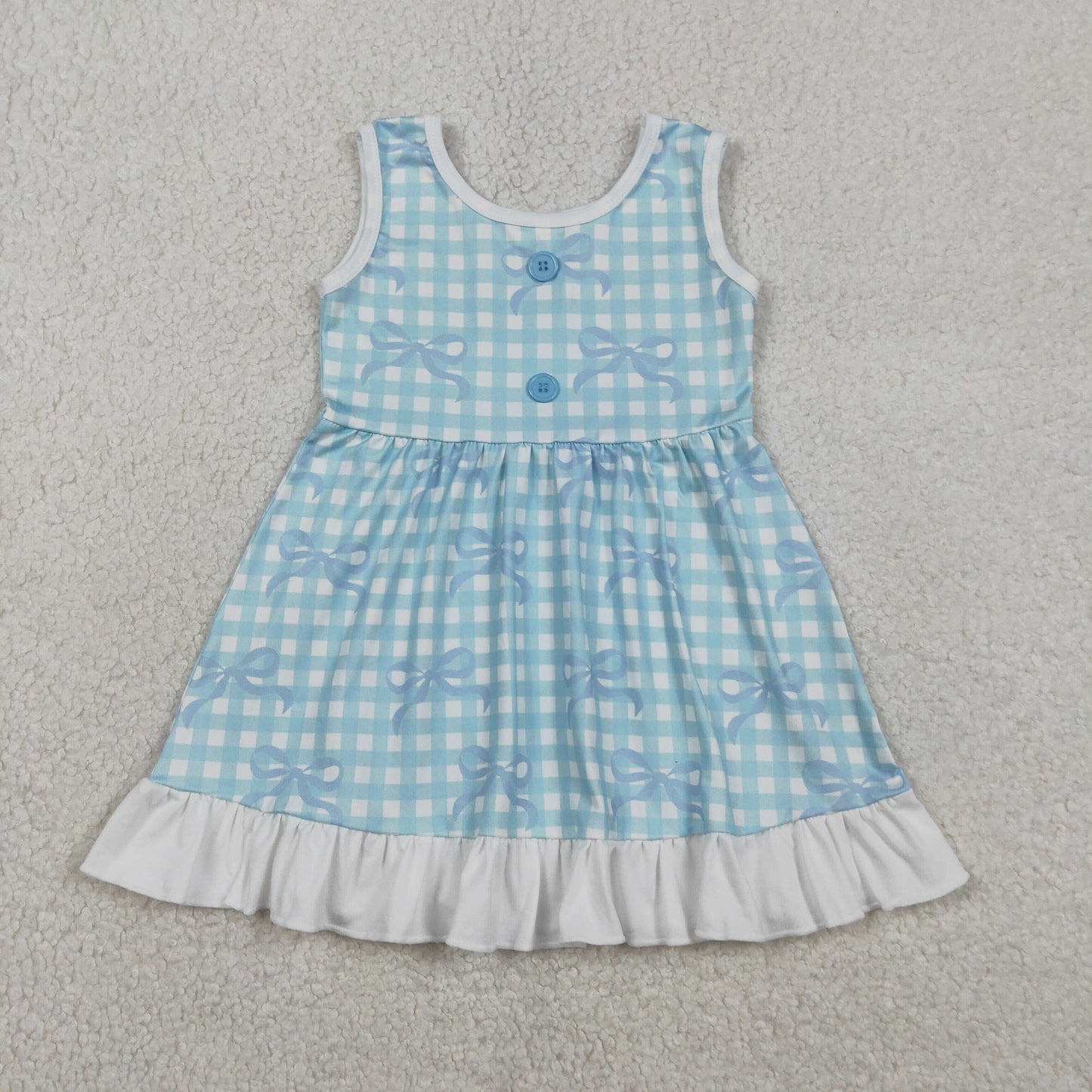 Baby Girls Kids Sleeveless Blue Bows Plaid Knee Length Dress