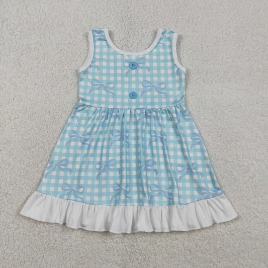 Baby Girls Kids Sleeveless Blue Bows Plaid Knee Length Dress
