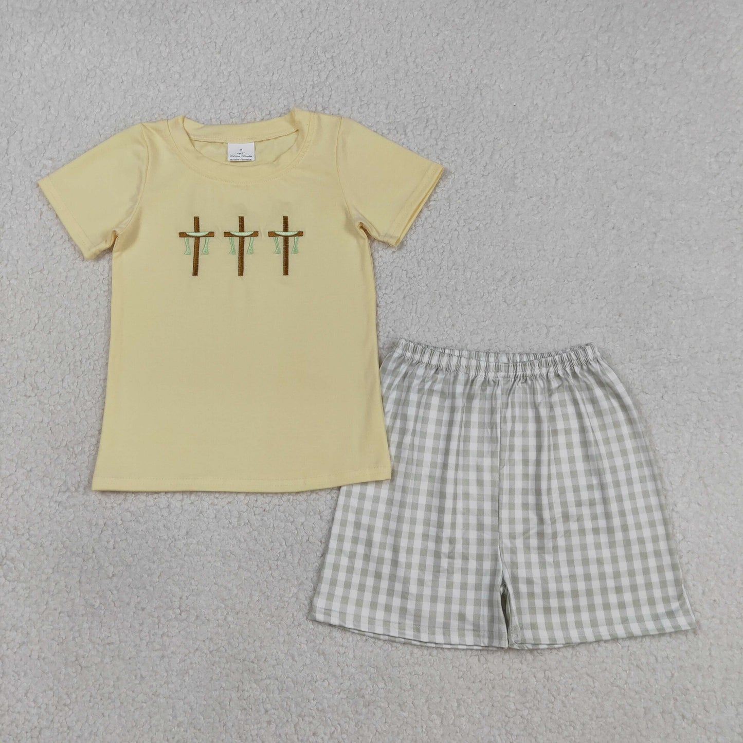 RTS Baby Boys Kids Short Sleeves Embroidery Crosses Shirt Plaid Shorts Easter Clothes Set