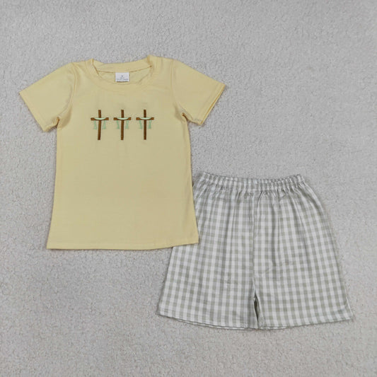 RTS Baby Boys Kids Short Sleeves Embroidery Crosses Shirt Plaid Shorts Easter Clothes Set