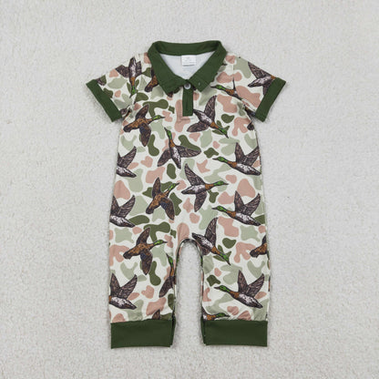 RTS Baby Boys Short Sleeves Ducks Camo Hunting Buttons Green Romper