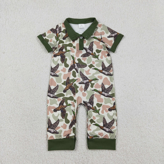 RTS Baby Boys Short Sleeves Ducks Camo Hunting Buttons Green Romper