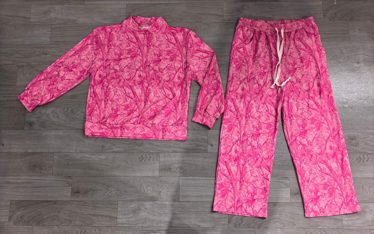No moq Preorder Adult Women Long Sleeves Leaves Shirt Camo Pants Pink Set Clothes