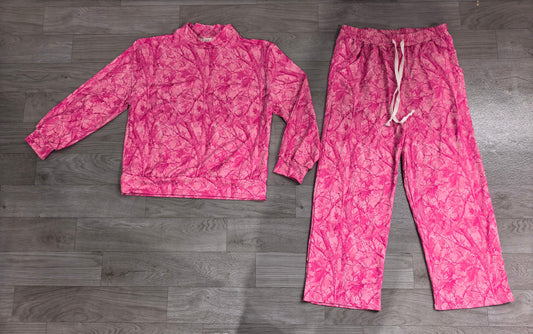No moq Preorder Adult Women Long Sleeves Leaves Shirt Camo Pants Pink Set Clothes