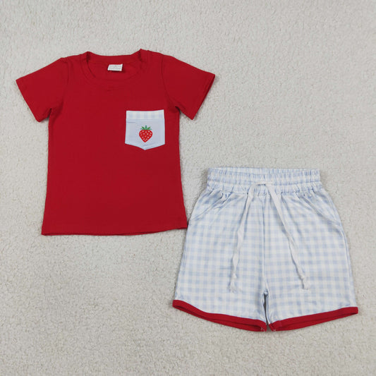 Baby Boys Short Sleeves Strawberry Red Shirt Plaid Pockets Shorts Clothes Set