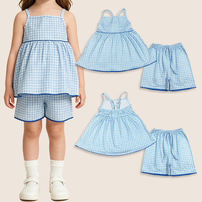 Baby Girls Kids Straps Blue Plaid Tunic Shorts Summer Clothes Set RTS