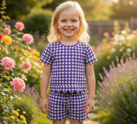 Baby Girls Kids Short Sleeves Purple Plaid Shirt Scallop Shorts Set Clothes