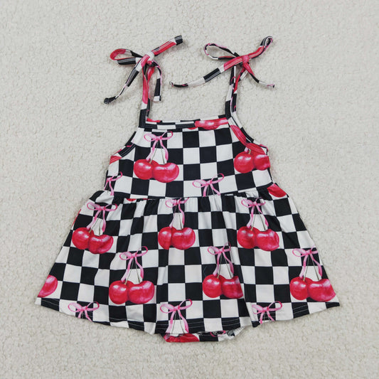 Baby Girls Kids Bows Sleeveless Cherry Black Checked Summer Bubble Romper