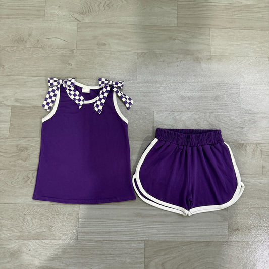 Baby Girls Kids Sleeveless Purple Checked Bows Shirt Shorts Set Summer Clothes
