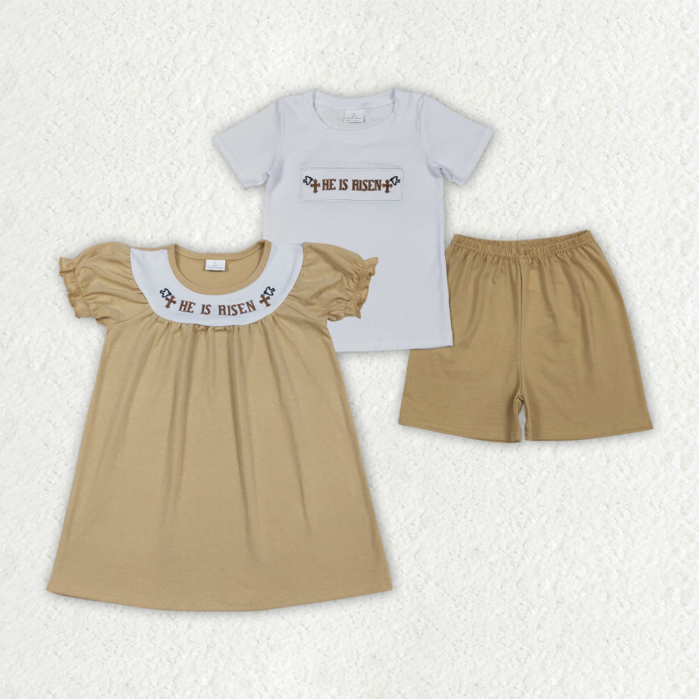 Sibling Baby Boys Girls Short Sleeves Embroidery He is Risen Cross Easter Dress Set