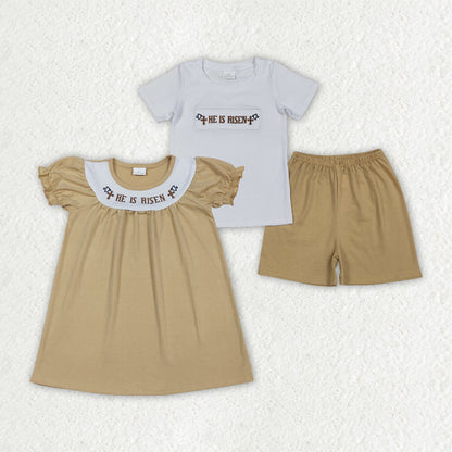 Sibling Baby Boys Girls Short Sleeves Embroidery He is Risen Cross Easter Dress Set