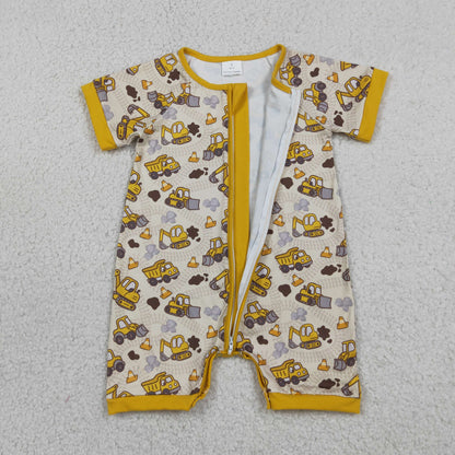 Baby Boys Infant Short Sleeves Excavator Yellow Zipper Romper Clothes