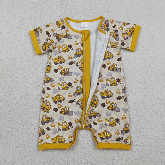 Baby Boys Infant Short Sleeves Excavator Yellow Zipper Romper Clothes