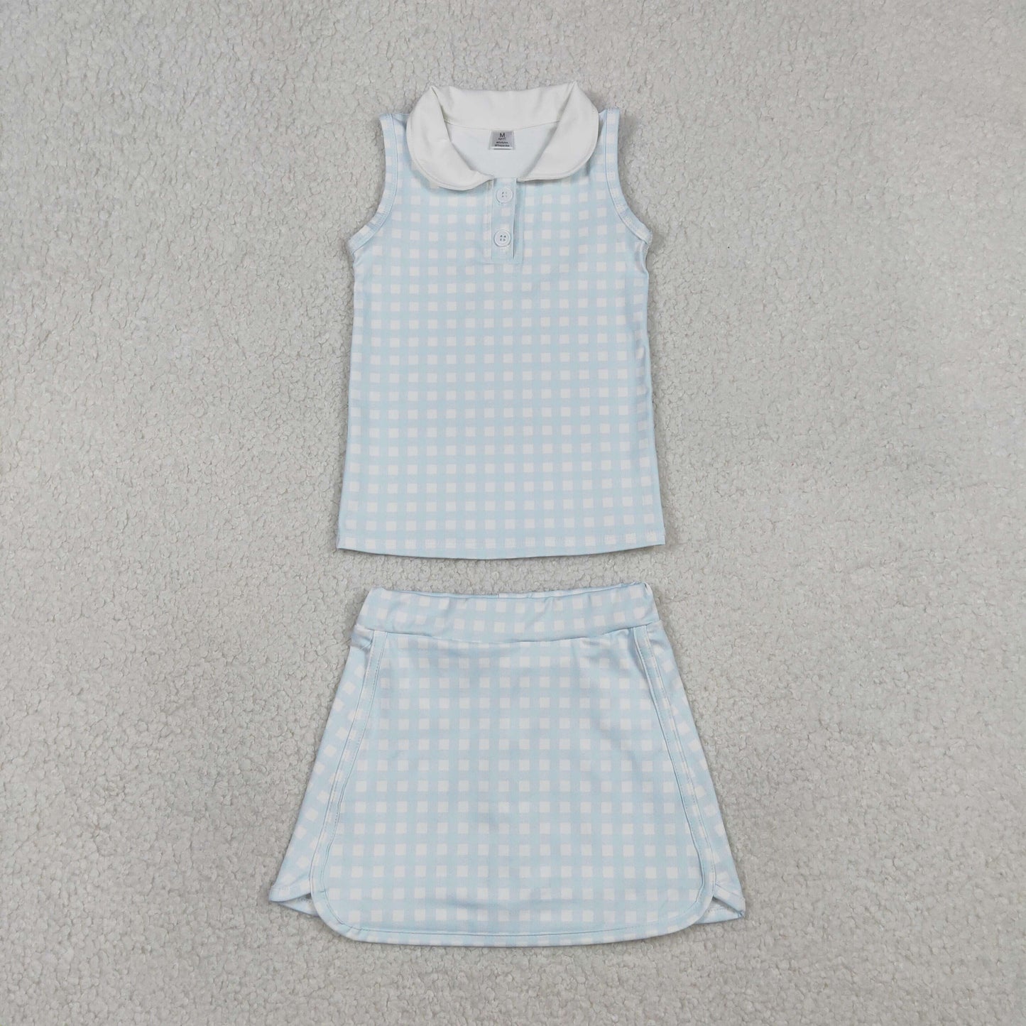 RTS Baby Girls Sleeveless Blue Plaid Buttons Tops Skirt Shorts Yoga Clothes Set