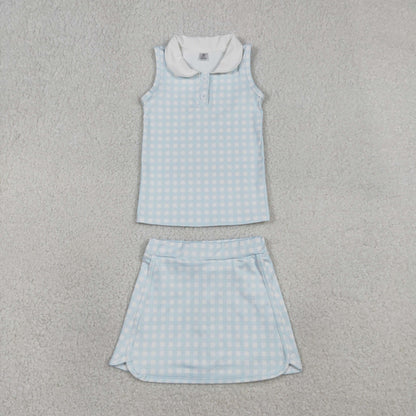 RTS Baby Girls Sleeveless Blue Plaid Buttons Tops Skirt Shorts Yoga Clothes Set