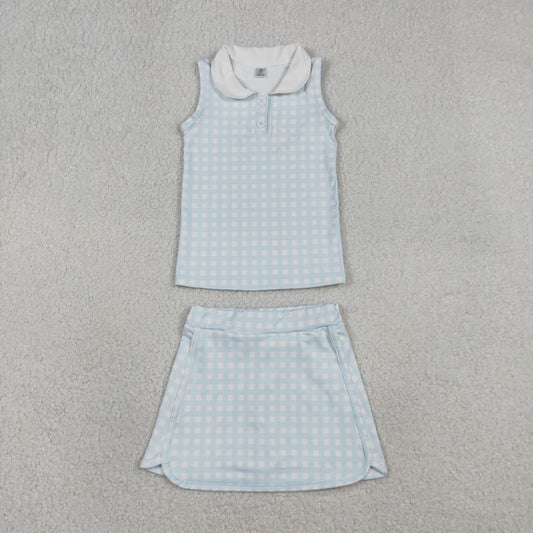RTS Baby Girls Sleeveless Blue Plaid Buttons Tops Skirt Shorts Yoga Clothes Set