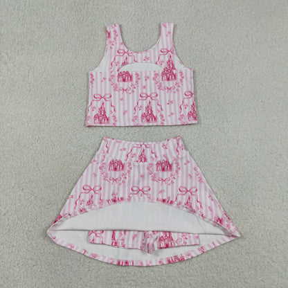 Baby Girls Kids Castles Bows Floral Tops Pink Skirt Shorts Yoga Summer Set