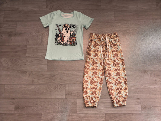 No moq Preorder Baby Boys Kids Ghost Ducks Shirt Camo Pockets Pants Hunting Halloween Set Green Clothes