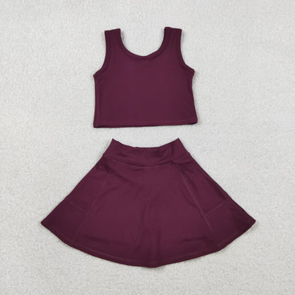 RTS Baby Girls Kids Sleeveless Dark Red Tops Shorts Skirt Yoga Active Set