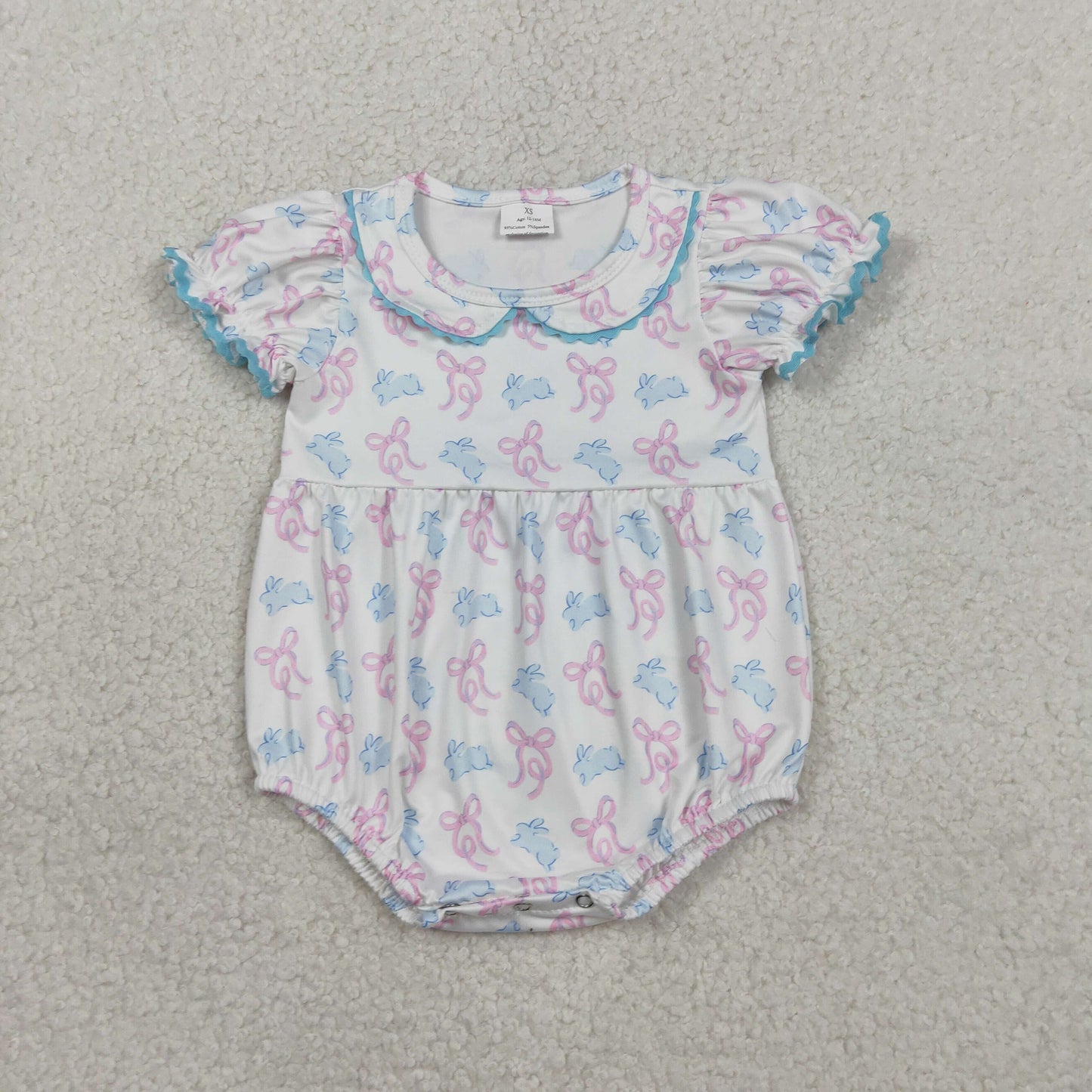 RTS Baby Girls Infant Short Sleeves Rabbits  Bows Easter Bubble Romper
