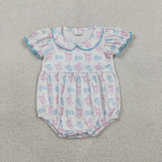 RTS Baby Girls Infant Short Sleeves Rabbits  Bows Easter Bubble Romper