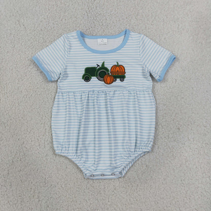 Baby Boys Kids Embroidery Pumpkin Tractor Blue Stripes Fall Romper Clothes