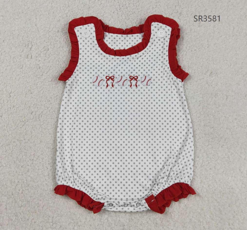 RTS Baby Girls Infant Sleeveless Embroidery Baseball Bows Dots Bubble Romper
