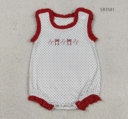RTS Baby Girls Infant Sleeveless Embroidery Baseball Bows Dots Bubble Romper