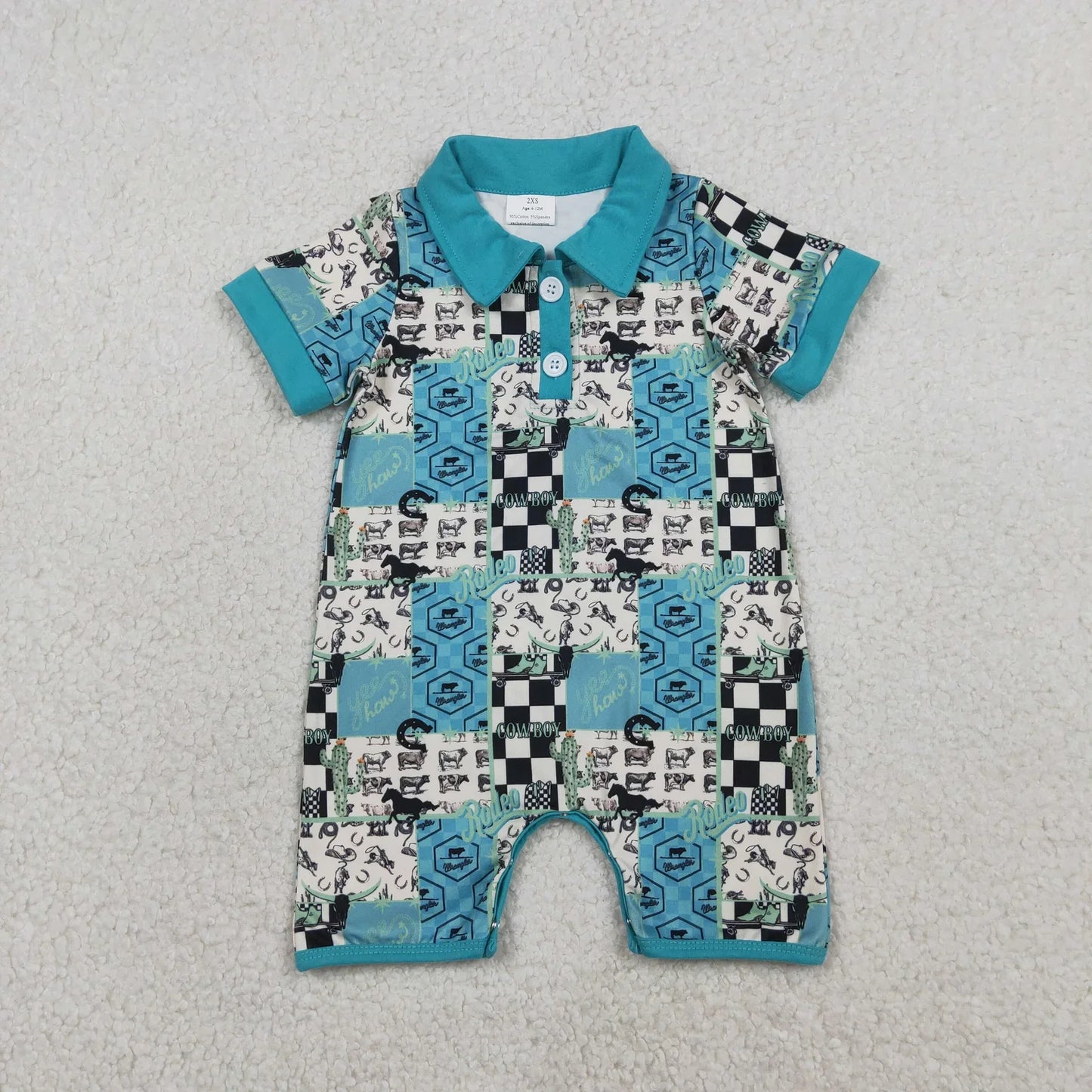 RTS Sibling Baby Boys Short Sleeves Western Cow Cactus Buttons Blue Romper Shirt