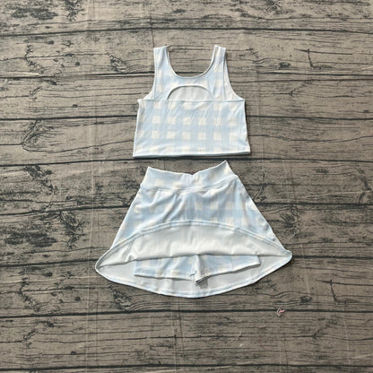 Baby Girls Kids Sleeveless Blue Plaid Tops Skirt Shorts Yoga Summer Set