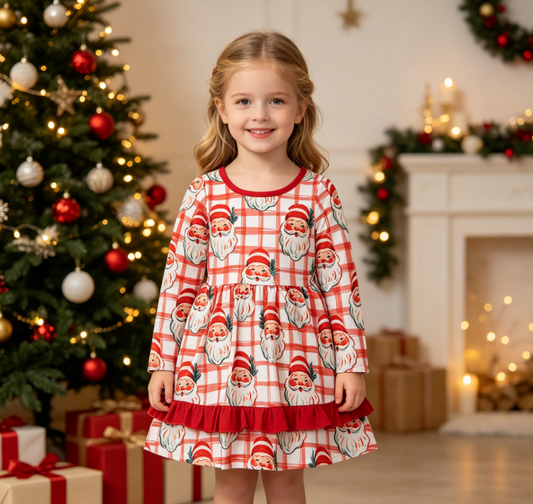Baby Girls Kids Long Sleeves Christmas Santa Plaid Knee Length Ruffle Dress Clothes