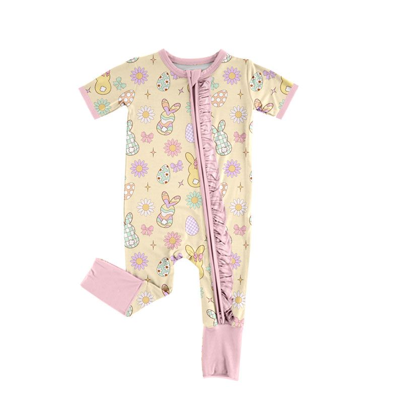Moq 5 Preorder Baby Girls Infant Easter Rabbits Eggs Bows Footie Sleeper Zipper Romper Clothes