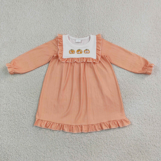Baby Girls Kids Embroidery Pumpkins Plaid Knee Length Fall Dress Clothes