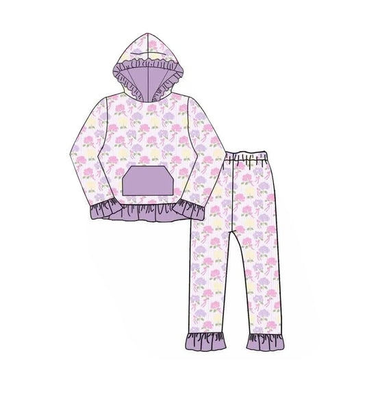 Moq 5 Preorder Baby Girls Kids Long Sleeves Pocket Hoodie Pullover Flower Bows Pants Set Clothes
