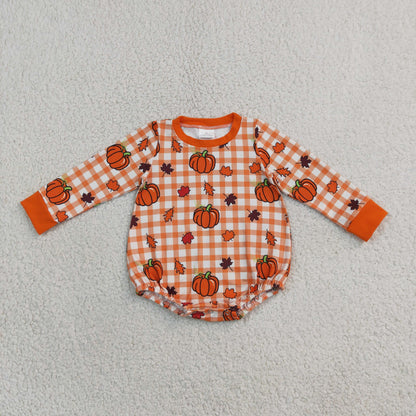 Baby Boys Infant Long Sleeves Pumpkins Orange Plaid Fall Bubble Romper Clothes