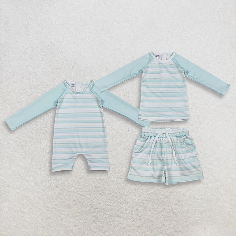 RTS Sibling Baby Boys Kids Long Sleeves Stripes Zipper Tops Shorts Set Jumpsuit Swimsuits Clothes