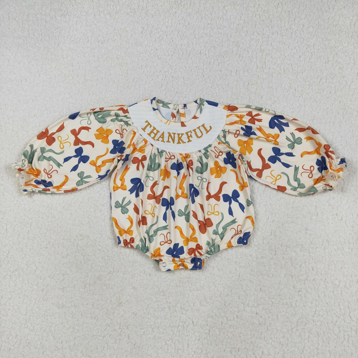 USA Shop Baby Girl Long Sleeves Embroidery Thankful Colorful Bows Bubble Romper