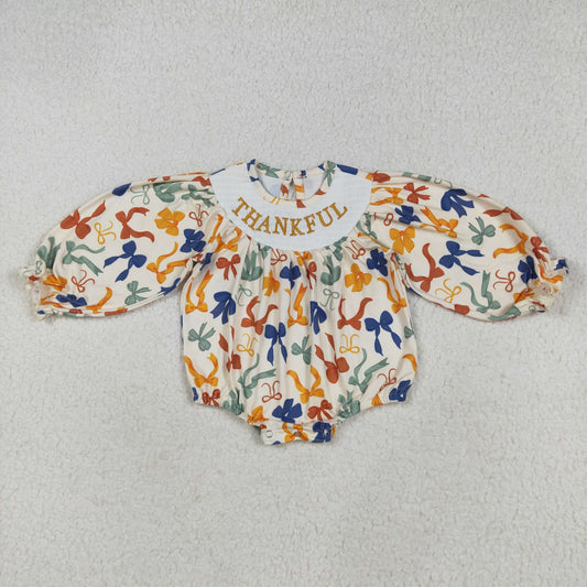 USA Shop Baby Girl Long Sleeves Embroidery Thankful Colorful Bows Bubble Romper